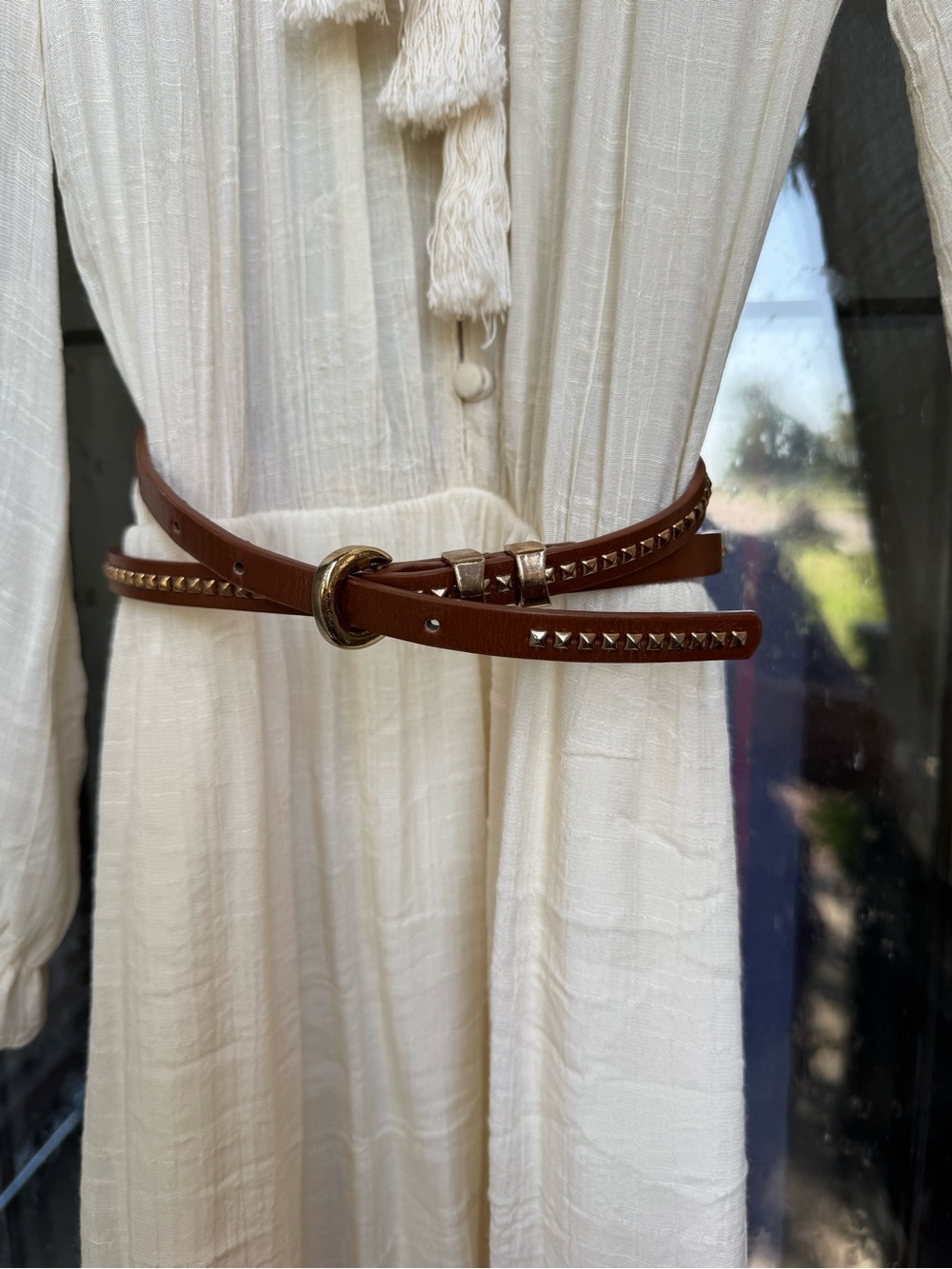 Urban Outfitters Studded Skinny Western Belt - Tan / Gold Hardware: